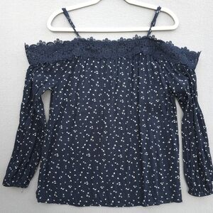 Daytrip Navy Blue Floral Off-Shoulder Blouse Lace Neckline Size Med